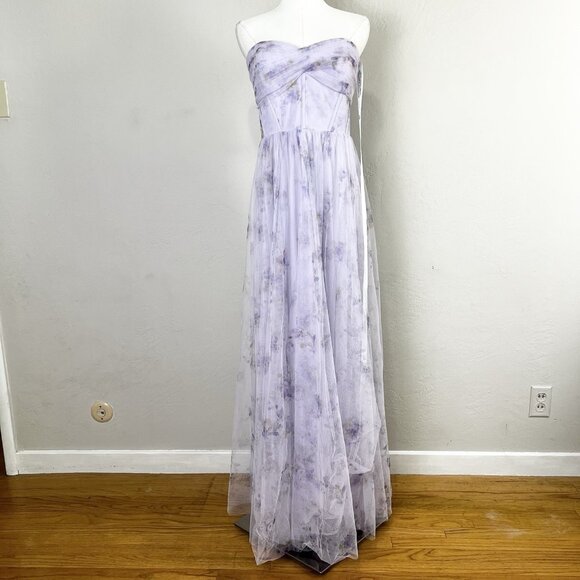 Dessy 3129FP Lilac Haze‎ Garden Floral Print Strapless Tulle Gown Size 14 NEW - Picture 1 of 10